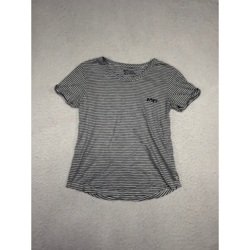 Roxy Womens Small Navy Blue White Striped Short Sleeve Crew Neck T-Shirt Logo